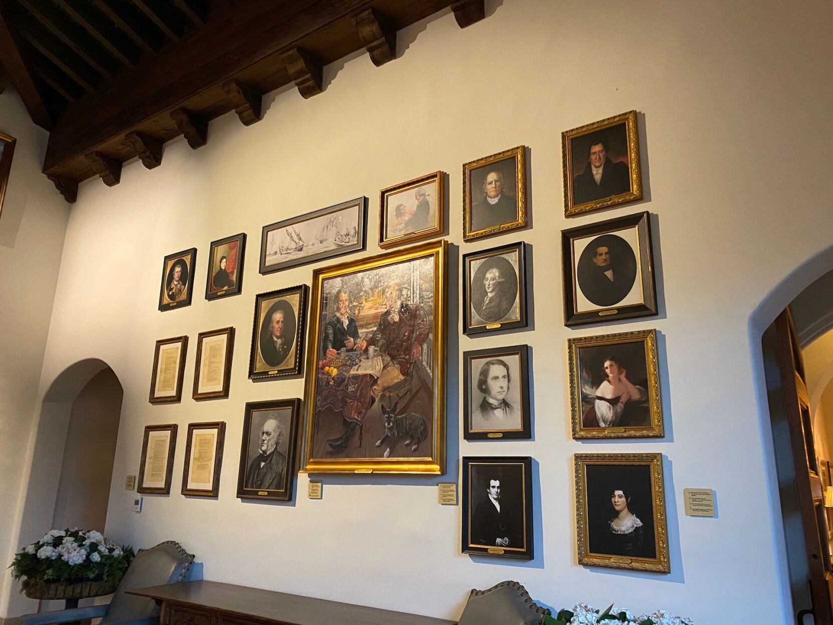 A gallery wall in the Spanish Lounge.
